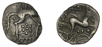 British Iron Age, ICENI, Uninscribed issues, silver Unit, Freckenham Boar type, boar right, single rear leg and...