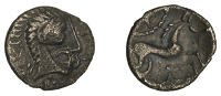 British Iron Age, ICENI, Uninscribed series, silver Unit, Norfolk God type, stylised head right, wreath behind, rev....
