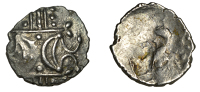 British Iron Age, ICENI, Ecen (AD 10-43), silver Unit, double crescent emblem on vertical wreath, rev. trace of...