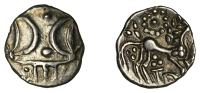 British Iron Age, ICENI, Antedios (c. AD 10-30), silver Unit, Antd D-Bar type, double crescent emblem on vertical...