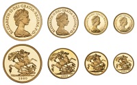 Elizabeth II (1952-2022), Proof Set, 1980, comprising Five Pounds, Two Pounds, Sovereign, and Half-Sovereign [4]....