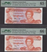 Central Bank of the Bahamas, $5 (2), 1974 (1984), serial numbers A690240 and F491073, Allen signature and Smith...