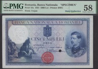 Banco Nationala a Romaniei, specimen 5000 Lei, 31 March 1931, no serial number, steamship in Danube Canyon at Cazane...