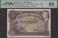 Government of Sarawak, specimen $5, 1 July 1929, serial number B/1 000000, Rennie signature, red SPECIMEN overprint...