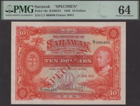 Government of Sarawak, specimen $10, 1 July 1929, serial number C/1 000000, Rennie signature, red SPECIMEN overprint...