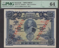 Government of Sarawak, specimen $25, 1 July 1929, serial number D/1 000000, Rennie signature, red SPECIMEN...