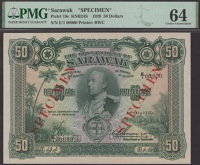 Government of Sarawak, specimen $50, 1 July 1929, serial number E/1 000000, Rennie signature, red SPECIMEN...