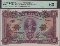 Government of Sarawak, specimen $100, 1 July 1929, serial number F/1 000000, Rennie signature, red SPECIMEN...