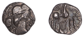 British Iron Age, REGNI, silver Unit, Sussex Lyre type, diademed head right, large curls for hair, rev. horse right,...