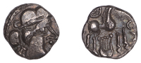 British Iron Age, REGNI, silver Unit, Sussex Lyre type, diademed head right, large curls for hair, rev. horse right,...