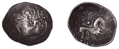 British Iron Age, ICENI, Uninscribed issues, silver Unit, Mossop Proto Head type, male head left with jutting jaw,...