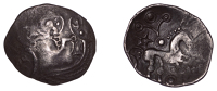 British Iron Age, ICENI, Uninscribed issues, silver Unit, Mossop Proto Head type, male head left with jutting jaw,...