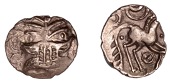 British Iron Age, ICENI, Uninscribed issues, gold Quarter-Stater, Irstead Smiler type, latticed square on two...