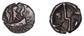 British Iron Age, DUROTRIGES, Uninscribed issues, silver Quarter-Stater, Duro Boat Bird type, crescent with three...