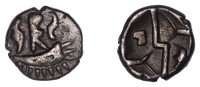 British Iron Age, DUROTRIGES, Uninscribed issues, silver Quarter-Stater, Duro Boat Bird type, crescent with three...