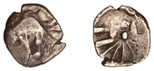 British Iron Age, CATUVELLAUNI, Uninscribed issues, gold Quarter-Stater, Westerham Geometric type, traces of...