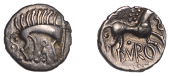 British Iron Age, ICENI, Cani Duro (c. AD 10-20), silver Unit, Cani Duro type, stylised boar right, long bristles...