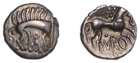 British Iron Age, ICENI, Cani Duro (c. AD 10-20), silver Unit, Cani Duro type, stylised boar right, long bristles...