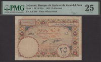 Banque de Syrie et du Grand-Liban, Lebanon, 25 Piastres, 1925, serial number R.3 393, Forges and Laferriere...