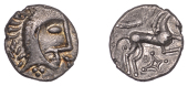 British Iron Age, ICENI, Uninscribed issues, silver Unit, Norfolk God type, stylised male head right, corn-ear...