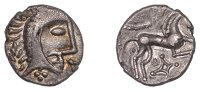 British Iron Age, ICENI, Uninscribed issues, silver Unit, Norfolk God type, stylised male head right, corn-ear...
