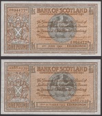 Bank of Scotland, £1, 2 June 1942, serial number Z0944770, Elphinstone and Crawford signatures, also £1, 16...