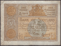 Bank of Scotland, £1, 12 March 1925, serial number 81/AQ 5925, Jolly Rose signature, good fine
PMS BA 89e, Pick...