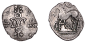 British Iron Age, ICENI, Uninscribed issues, silver Unit, Crescent Corn Ears type, two crescents back-to-back across...