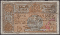 Bank of Scotland, £5, 16 February 1945, serial number 8/A 1930, Elphinstone and Crawford signatures, pinholes at...