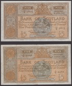 Bank of Scotland, £5 (2), 20 April 1945, serial number 15/A 5825, and 10 January 1948, serial number 9/E 4460, both...