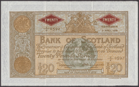 Bank of Scotland, £20, 9 April 1952, serial number 1/J 0592, Elphinstone and Crawford signatures, staple hole at...