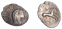 British Iron Age, ICENI, Uninscribed issues, silver Unit, Norfolk God [Small Head] type, stylised male head right,...