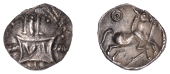 British Iron Age, CATUVELLAUNI, Tasciovanus (25 BC - AD 10), silver Unit, Trailing Rein type, vii in panel on...