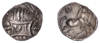 British Iron Age, CATUVELLAUNI, Tasciovanus (25 BC - AD 10), silver Unit, Trailing Rein type, vii in panel on...