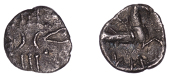 British Iron Age, CATUVELLAUNI, Tasciovanus (25 BC - AD 10), silver Unit, Capricorn type, crossed wreath and two...