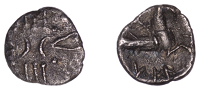 British Iron Age, CATUVELLAUNI, Tasciovanus (25 BC - AD 10), silver Unit, Capricorn type, crossed wreath and two...