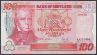 Bank of Scotland, £100, 17 July 1995, serial number AA225002, Pattullo and Burt signatures, one light central fold,...
