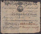 British Linen Company, 1 Guinea, 1 August 1783, no serial numbers, two manuscript signatures lower right, watermark...