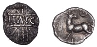 British Iron Age, CATUVELLAUNI, Tasciovanus (c. 25 BC - AD 10), silver Unit, Stag type, tasc in panel on vertical...