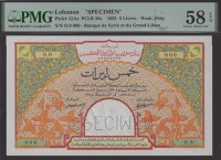 Banque de Syrie et du Grand-Liban, Lebanon, specimen 5 Livres, 1935, serial number 0.0 000, Forges and Laferriere...