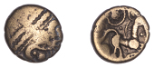 British Iron Age, BELGAE, Uninscribed issue, Quarter-Stater, Qc derivative [Petersfield Wreath type], wreath design...