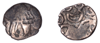 British Iron Age, ICENI, Uninscribed issues, gold Quarter-Stater, Irstead Smiler type, latticed square on two...