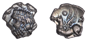 British Iron Age, CATUVELLAUNI, Andoco (c. 20-1 BC), silver Unit, Pegasus type, bearded head left, interlaced lines...