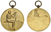 FRANCE, Nymphe à la biche [Nymph with Doe], c. 1930, an Art Déco gilt-bronze award medal by R.-R.-A. Bénard,...