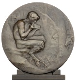 FRANCE, Pan, 1907, a uniface cast bronze medal by L. Desvignes for Canale, seated figure of Pan playing musical...