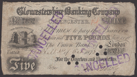 Gloucester Banking Company, Cirencester, cancelled £5, 3 October 1873, serial number P/2 852, several CANCELLED...