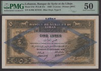 Banque de Syrie et du Liban, Lebanon, 5 Livres, 1 September 1939, serial number K/BK 027616, obverse with cedar tree...