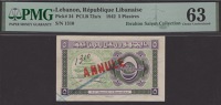 Republique Libanaise, 5 Piastres (2), 15 July 1942, first with red ANNULE handstamp and blue crayon strikethrough on...