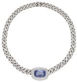 A Sri Lankan sapphire and diamond necklace by Wempe, the mixed-cut sapphire, weighing 21.80 carats, within a...