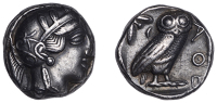 ATTICA, Athens, Tetradrachm, late standardised type, c. 440-405, helmeted head of Athena right, rev. owl standing...